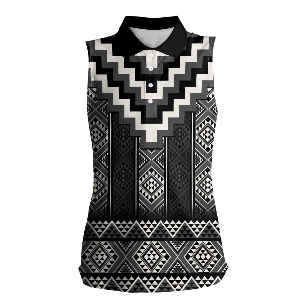 Black Taniko Aotearoa Women Sleeveless Polo Shirt Niho Taniwha Mix Poutama LT14