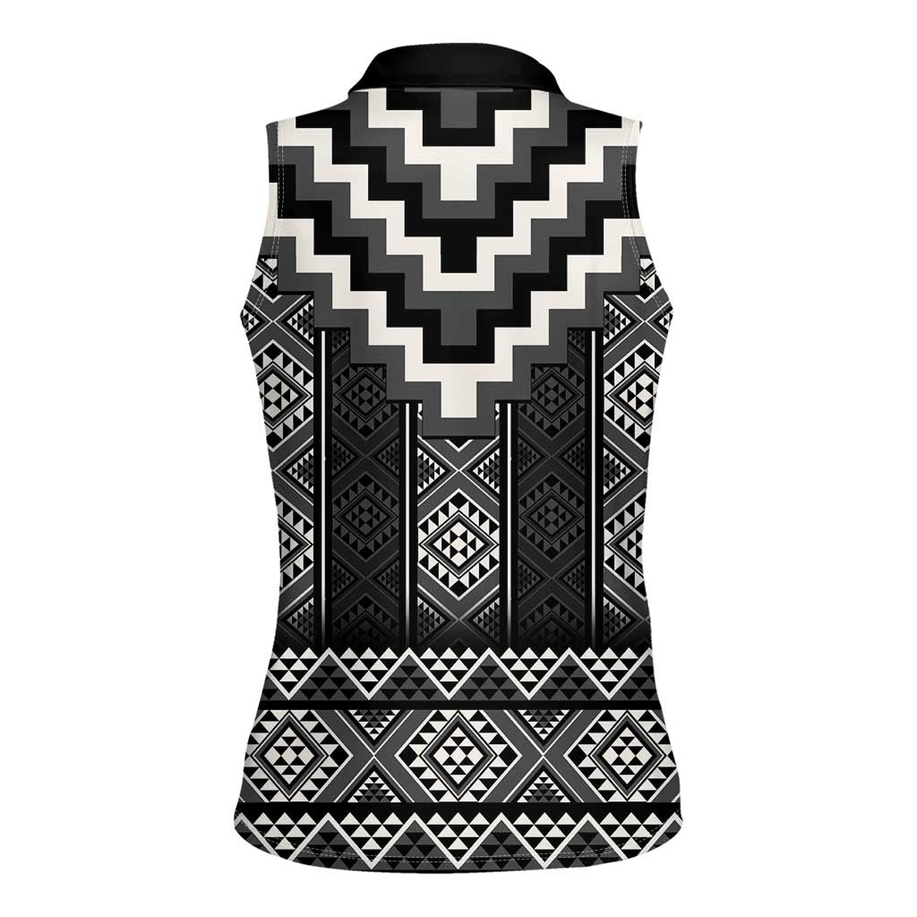 Black Taniko Aotearoa Women Sleeveless Polo Shirt Niho Taniwha Mix Poutama LT14