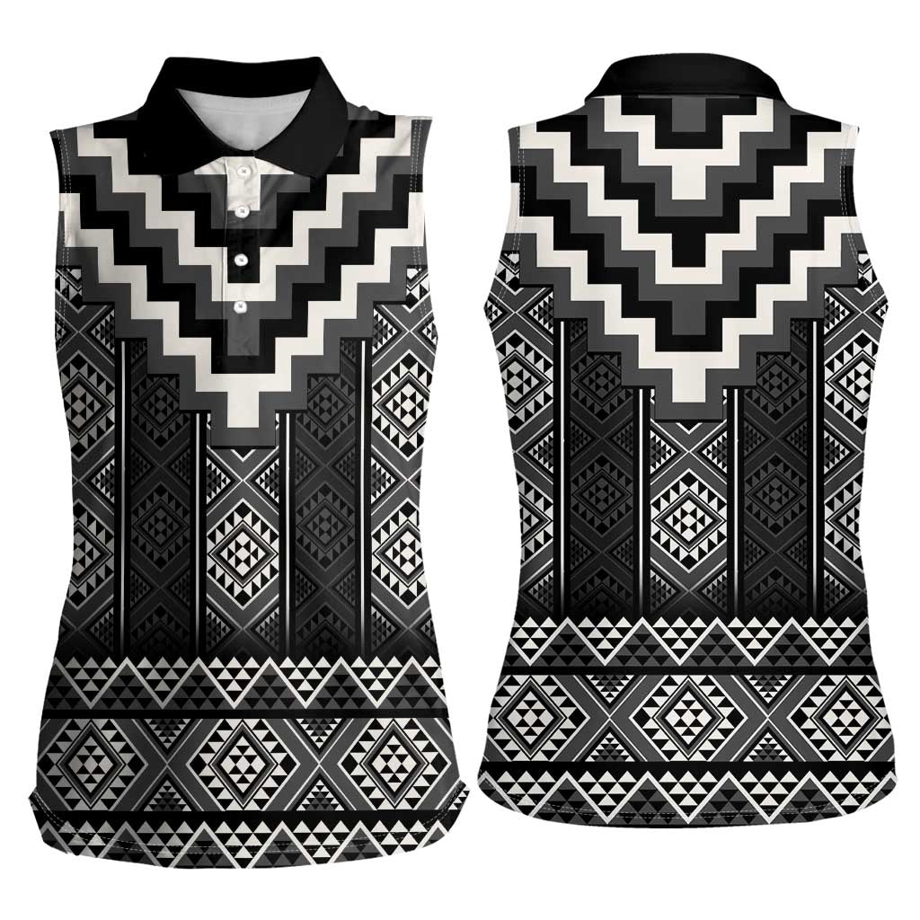 Black Taniko Aotearoa Women Sleeveless Polo Shirt Niho Taniwha Mix Poutama LT14