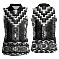 Black Taniko Aotearoa Women Sleeveless Polo Shirt Niho Taniwha Mix Poutama LT14