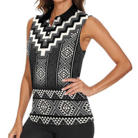 Black Taniko Aotearoa Women Sleeveless Polo Shirt Niho Taniwha Mix Poutama LT14