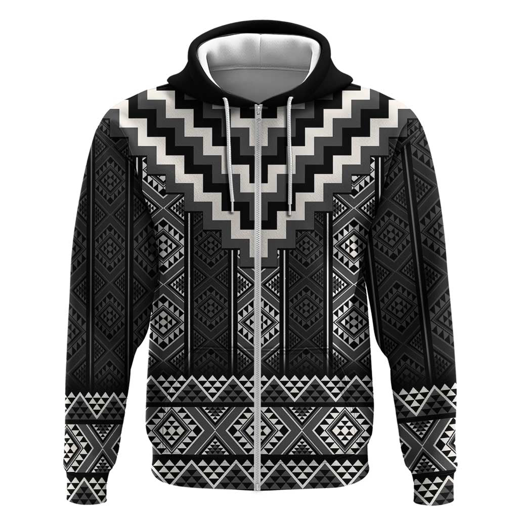 Black Taniko Aotearoa Zip Hoodie Niho Taniwha Mix Poutama LT14 Zip Hoodie Black - Polynesian Pride