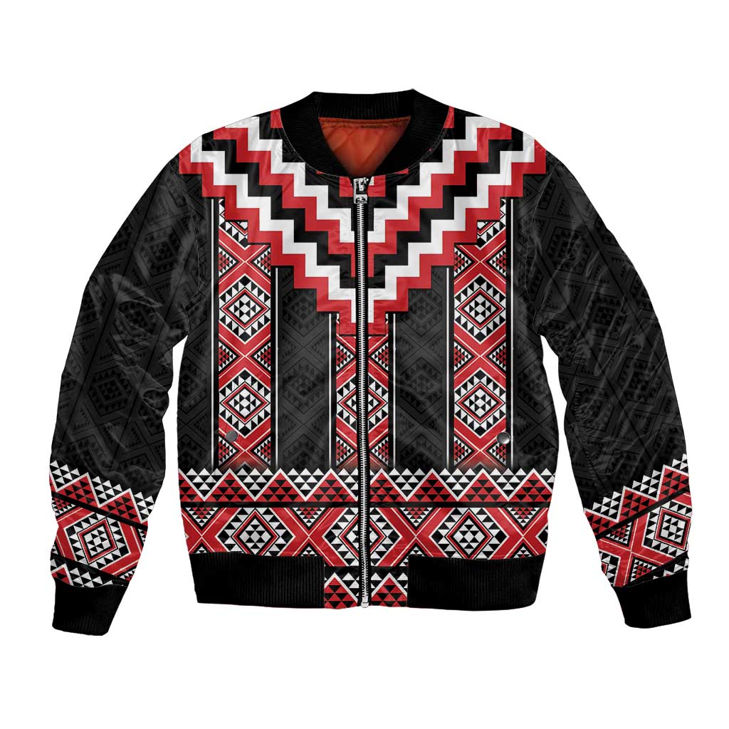 Red Taniko Aotearoa Bomber Jacket Niho Taniwha Mix Poutama LT14 Unisex Red - Polynesian Pride
