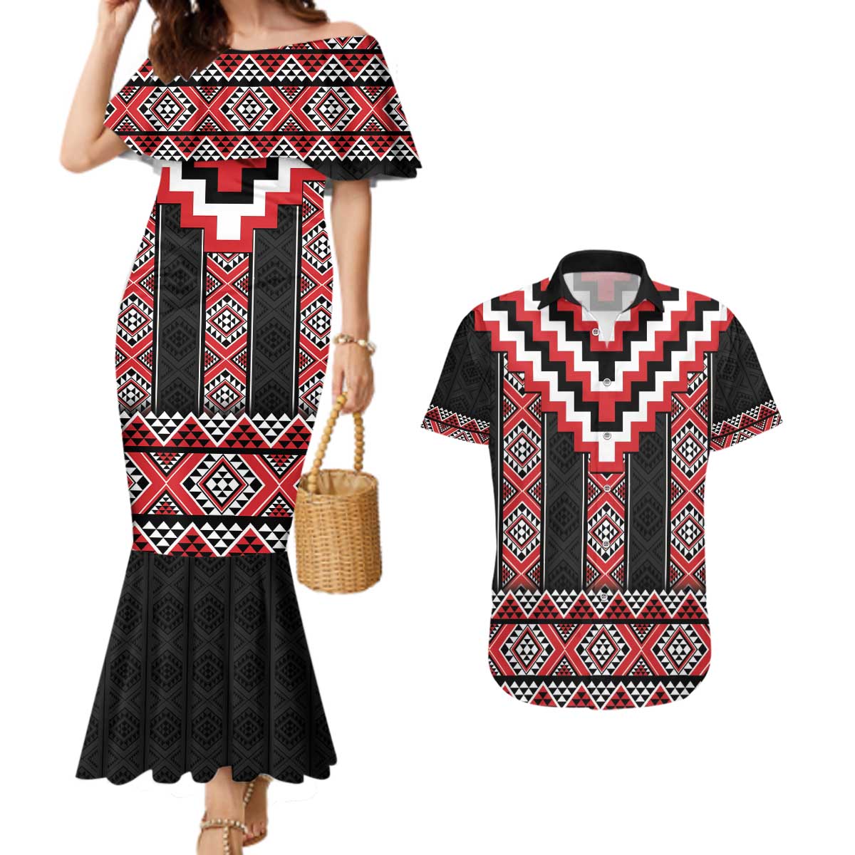 Red Taniko Aotearoa Couples Matching Mermaid Dress and Hawaiian Shirt Niho Taniwha Mix Poutama LT14 Red - Polynesian Pride