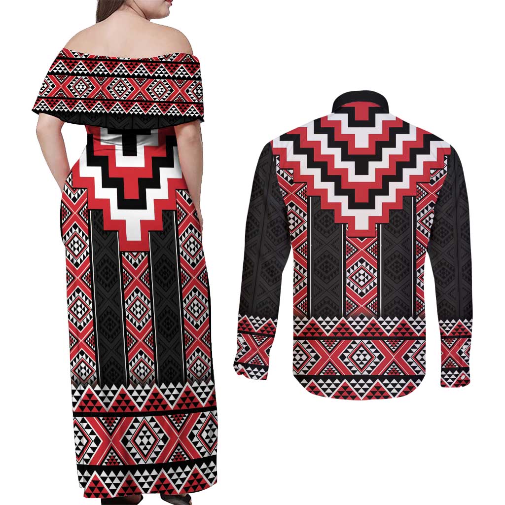 Red Taniko Aotearoa Couples Matching Off Shoulder Maxi Dress and Long Sleeve Button Shirt Niho Taniwha Mix Poutama LT14