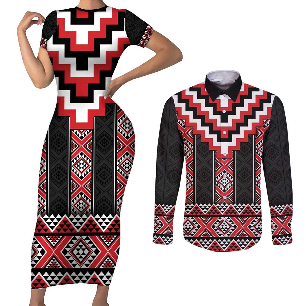 Red Taniko Aotearoa Couples Matching Short Sleeve Bodycon Dress and Long Sleeve Button Shirt Niho Taniwha Mix Poutama LT14