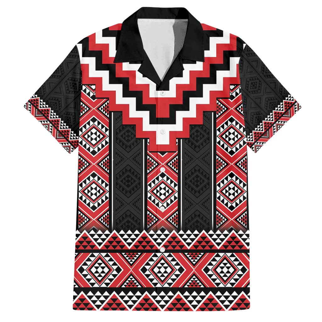Red Taniko Aotearoa Family Matching Summer Maxi Dress and Hawaiian Shirt Niho Taniwha Mix Poutama LT14 Dad's Shirt - Short Sleeve Red - Polynesian Pride