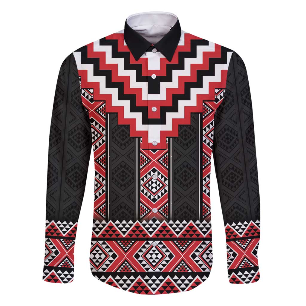 Red Taniko Aotearoa Family Matching Summer Maxi Dress and Hawaiian Shirt Niho Taniwha Mix Poutama LT14 Dad's Shirt - Long Sleeve Red - Polynesian Pride