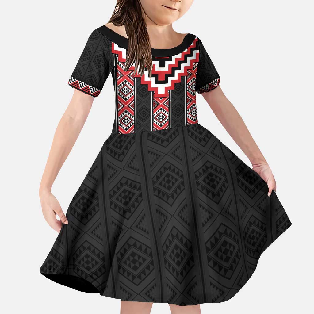 Red Taniko Aotearoa Family Matching Tank Maxi Dress and Hawaiian Shirt Niho Taniwha Mix Poutama LT14 Daughter's Dress Red - Polynesian Pride