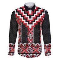Red Taniko Aotearoa Family Matching Tank Maxi Dress and Hawaiian Shirt Niho Taniwha Mix Poutama LT14 Dad's Shirt - Long Sleeve Red - Polynesian Pride