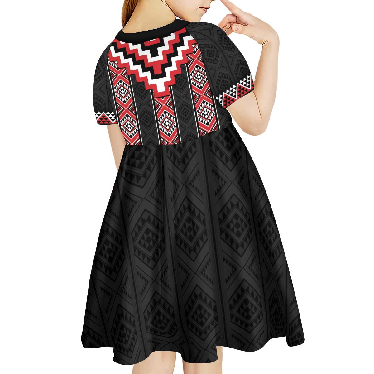 Red Taniko Aotearoa Kid Short Sleeve Dress Niho Taniwha Mix Poutama LT14