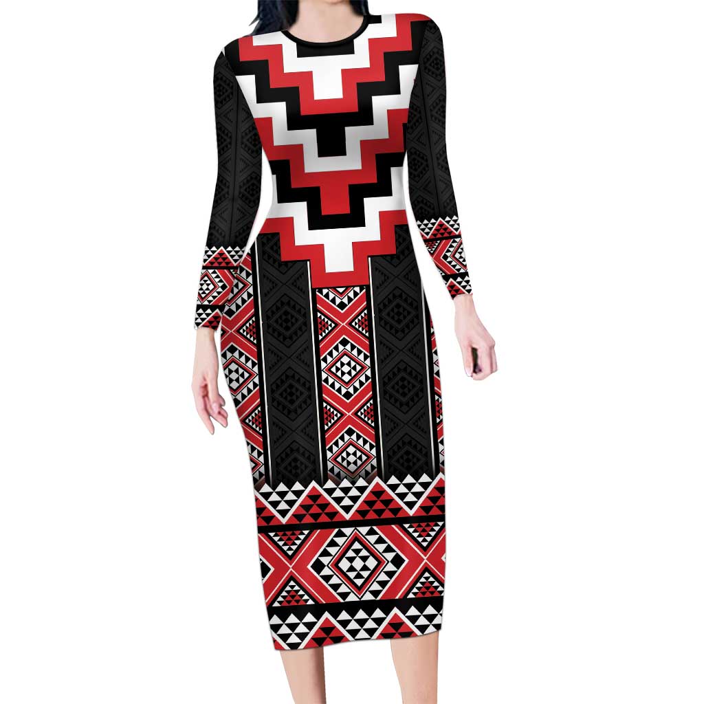 Red Taniko Aotearoa Long Sleeve Bodycon Dress Niho Taniwha Mix Poutama LT14 Long Dress Red - Polynesian Pride