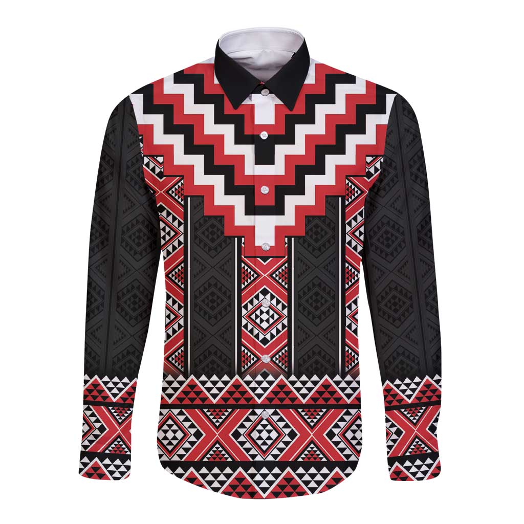 Red Taniko Aotearoa Long Sleeve Button Shirt Niho Taniwha Mix Poutama LT14