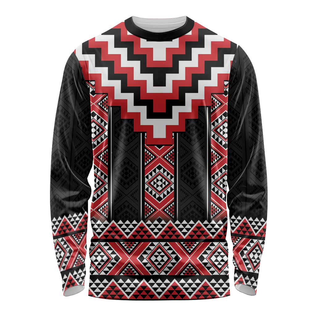 Red Taniko Aotearoa Long Sleeve Shirt Niho Taniwha Mix Poutama LT14 Unisex Red - Polynesian Pride