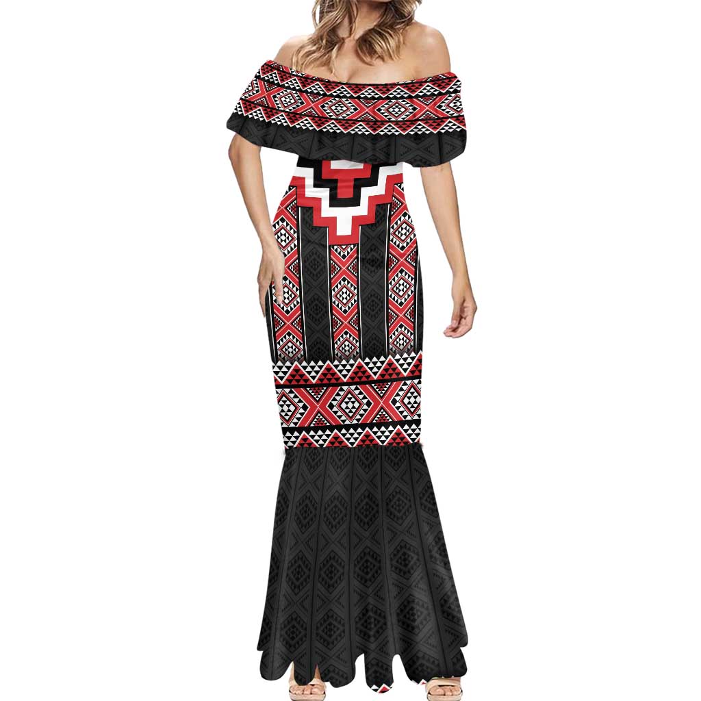 Red Taniko Aotearoa Mermaid Dress Niho Taniwha Mix Poutama LT14