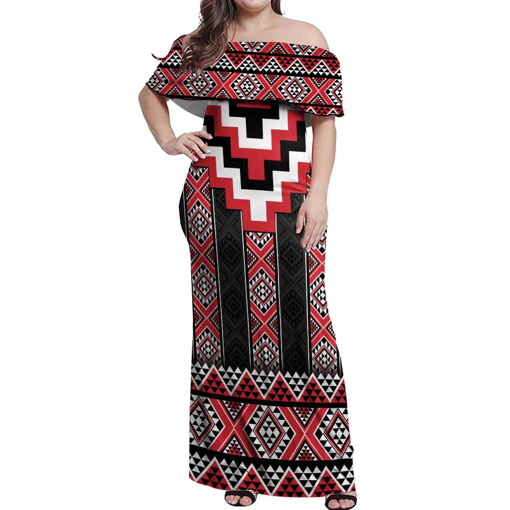 Red Taniko Aotearoa Off Shoulder Maxi Dress Niho Taniwha Mix Poutama LT14 Women Red - Polynesian Pride