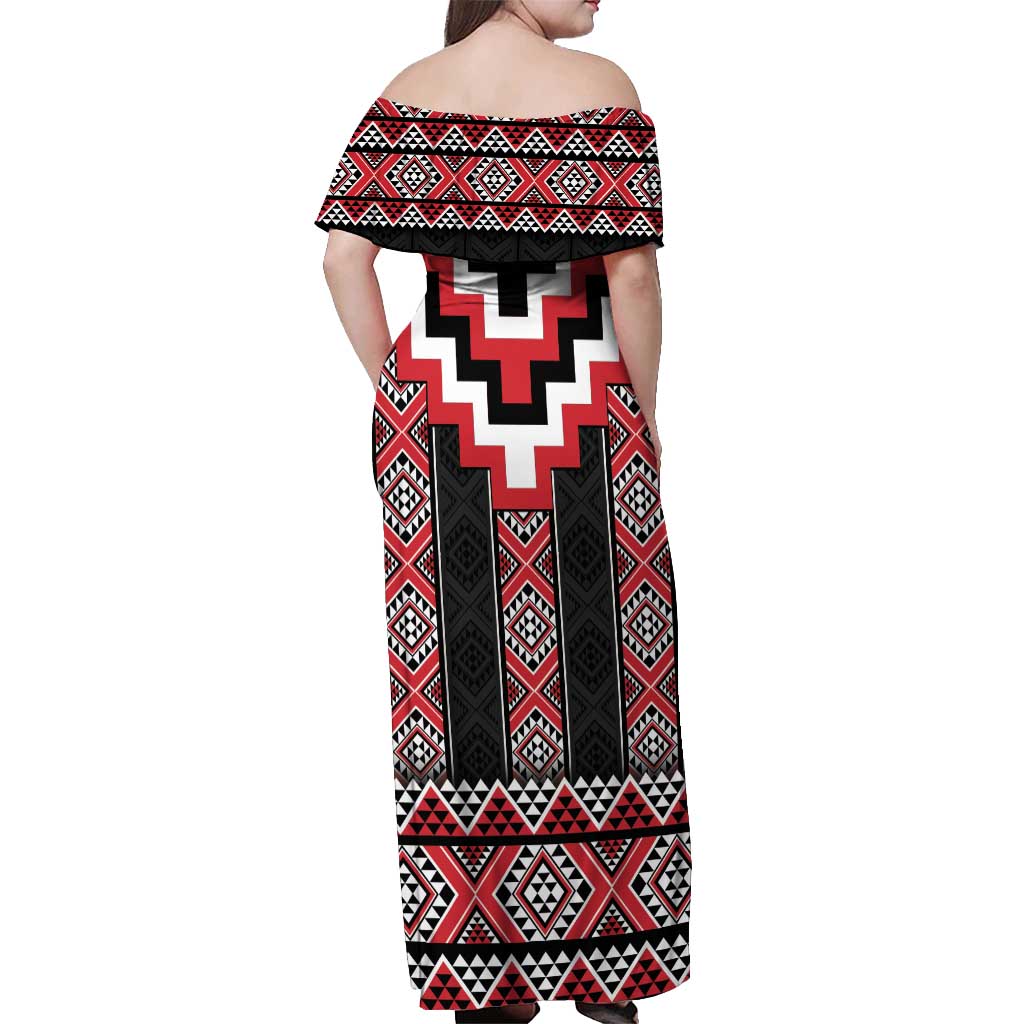 Red Taniko Aotearoa Off Shoulder Maxi Dress Niho Taniwha Mix Poutama LT14 - Polynesian Pride