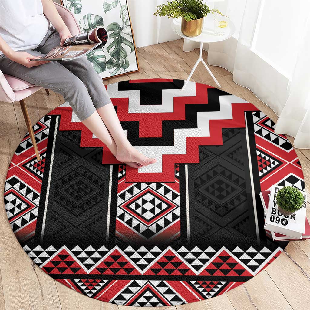 Red Taniko Aotearoa Round Carpet Niho Taniwha Mix Poutama LT14 - Polynesian Pride