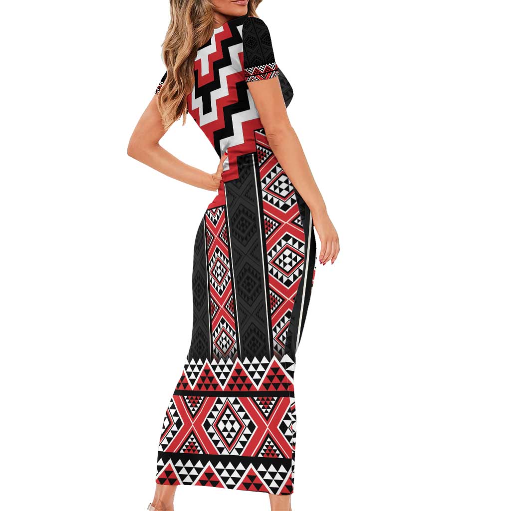 Red Taniko Aotearoa Short Sleeve Bodycon Dress Niho Taniwha Mix Poutama LT14 - Polynesian Pride