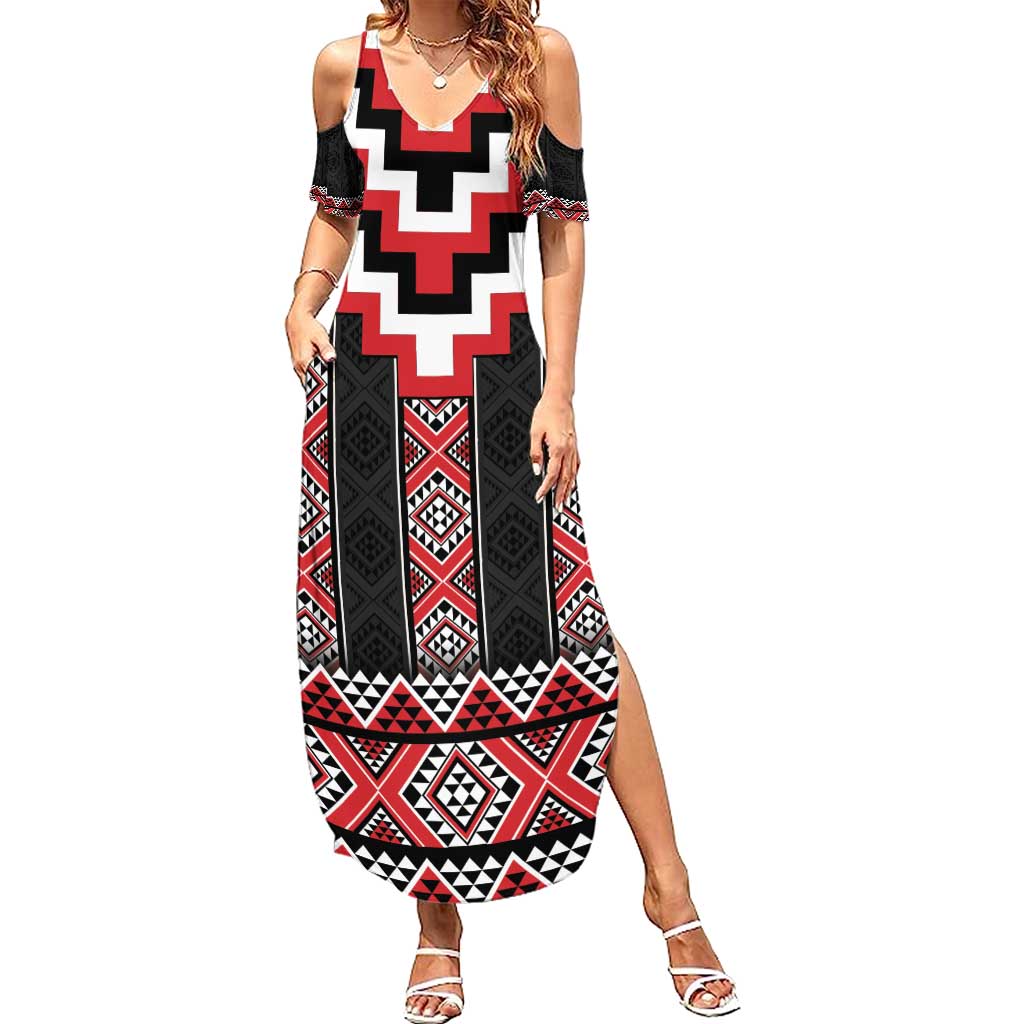 Red Taniko Aotearoa Summer Maxi Dress Niho Taniwha Mix Poutama LT14 Women Red - Polynesian Pride