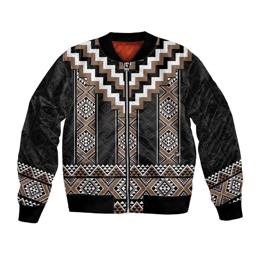 Brown Taniko Aotearoa Bomber Jacket Niho Taniwha Mix Poutama LT14 Unisex Brown - Polynesian Pride