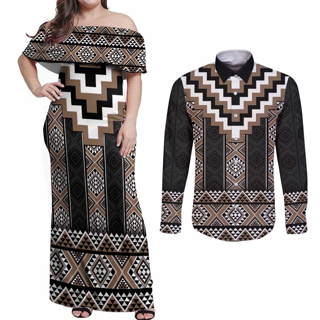 Brown Taniko Aotearoa Couples Matching Off Shoulder Maxi Dress and Long Sleeve Button Shirt Niho Taniwha Mix Poutama LT14 Brown - Polynesian Pride