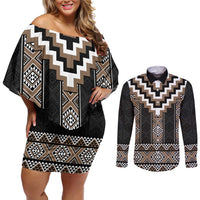 Brown Taniko Aotearoa Couples Matching Off Shoulder Short Dress and Long Sleeve Button Shirt Niho Taniwha Mix Poutama LT14