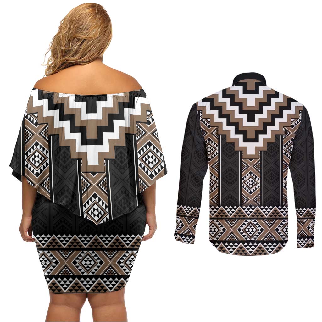 Brown Taniko Aotearoa Couples Matching Off Shoulder Short Dress and Long Sleeve Button Shirt Niho Taniwha Mix Poutama LT14