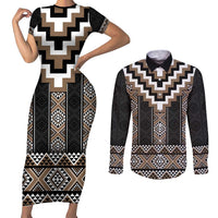 Brown Taniko Aotearoa Couples Matching Short Sleeve Bodycon Dress and Long Sleeve Button Shirt Niho Taniwha Mix Poutama LT14
