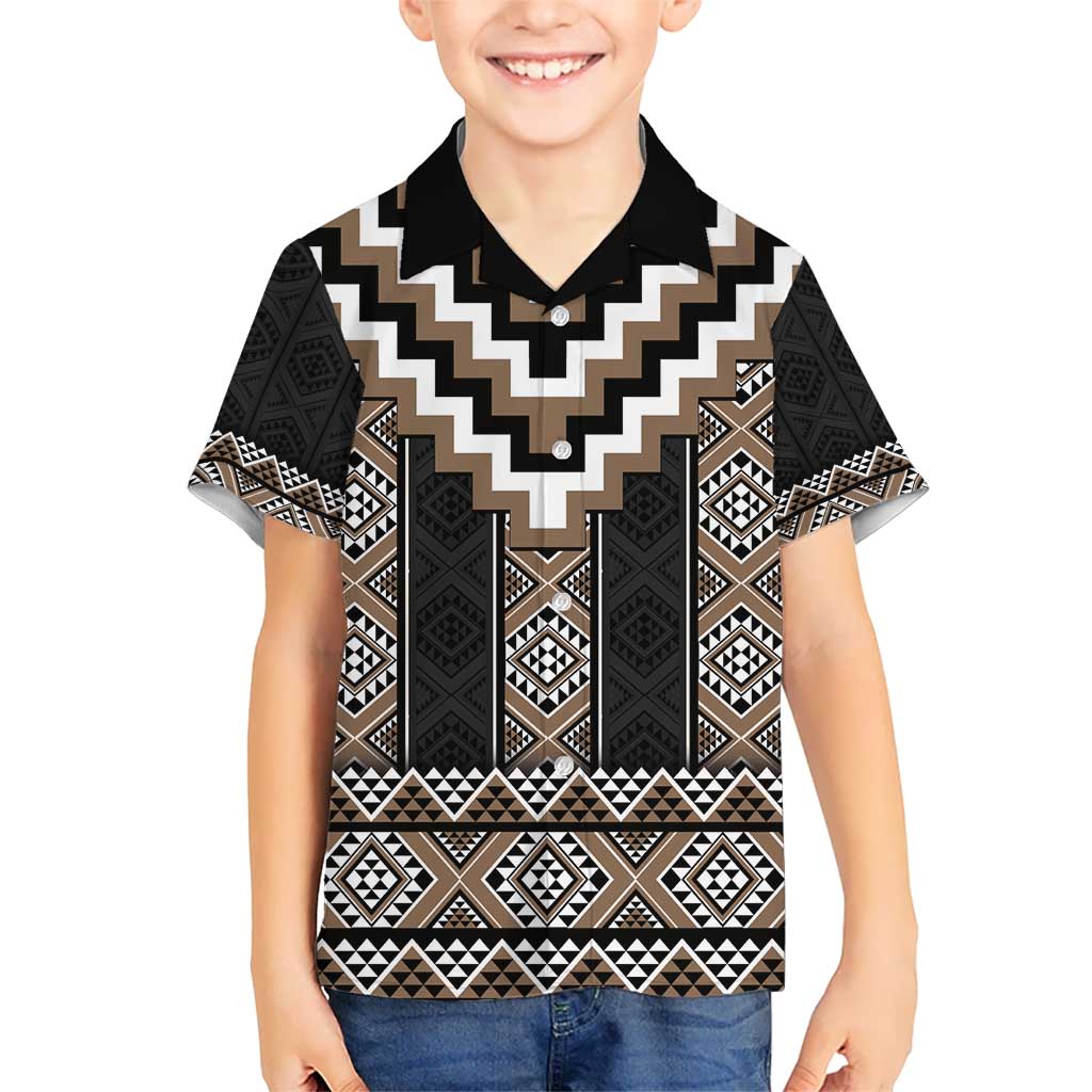 Brown Taniko Aotearoa Kid Hawaiian Shirt Niho Taniwha Mix Poutama LT14 Kid Brown - Polynesian Pride