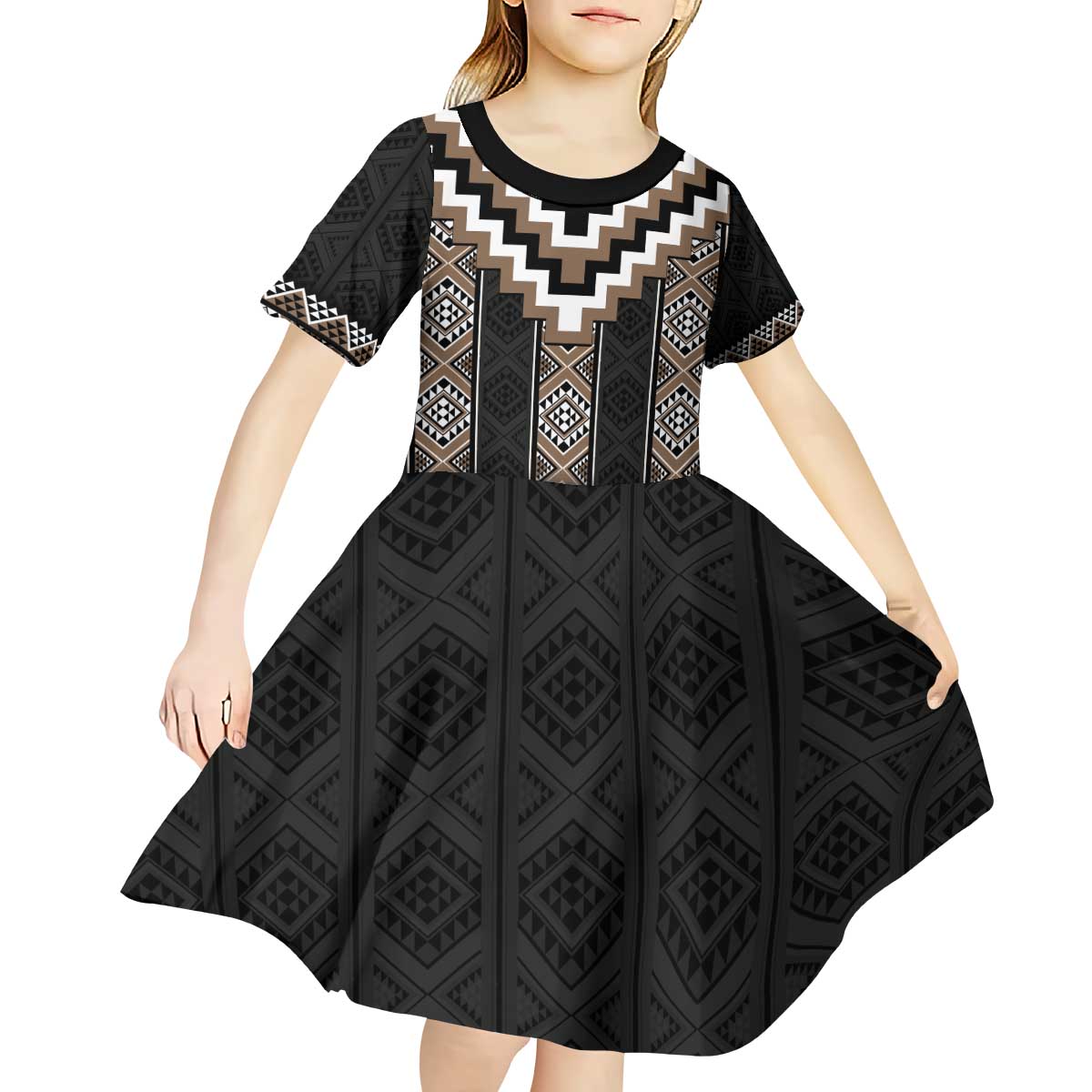 Brown Taniko Aotearoa Kid Short Sleeve Dress Niho Taniwha Mix Poutama LT14