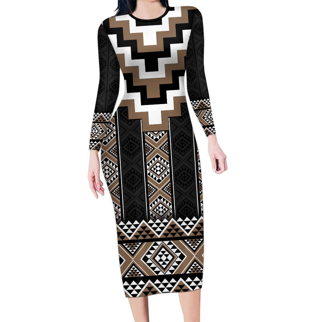 Brown Taniko Aotearoa Long Sleeve Bodycon Dress Niho Taniwha Mix Poutama LT14 Long Dress Brown - Polynesian Pride