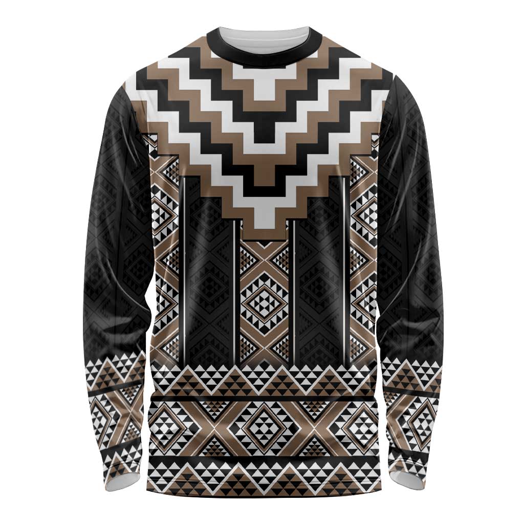 Brown Taniko Aotearoa Long Sleeve Shirt Niho Taniwha Mix Poutama LT14 Unisex Brown - Polynesian Pride