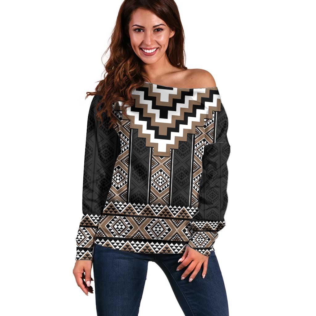 Brown Taniko Aotearoa Off Shoulder Sweater Niho Taniwha Mix Poutama LT14 Women Brown - Polynesian Pride