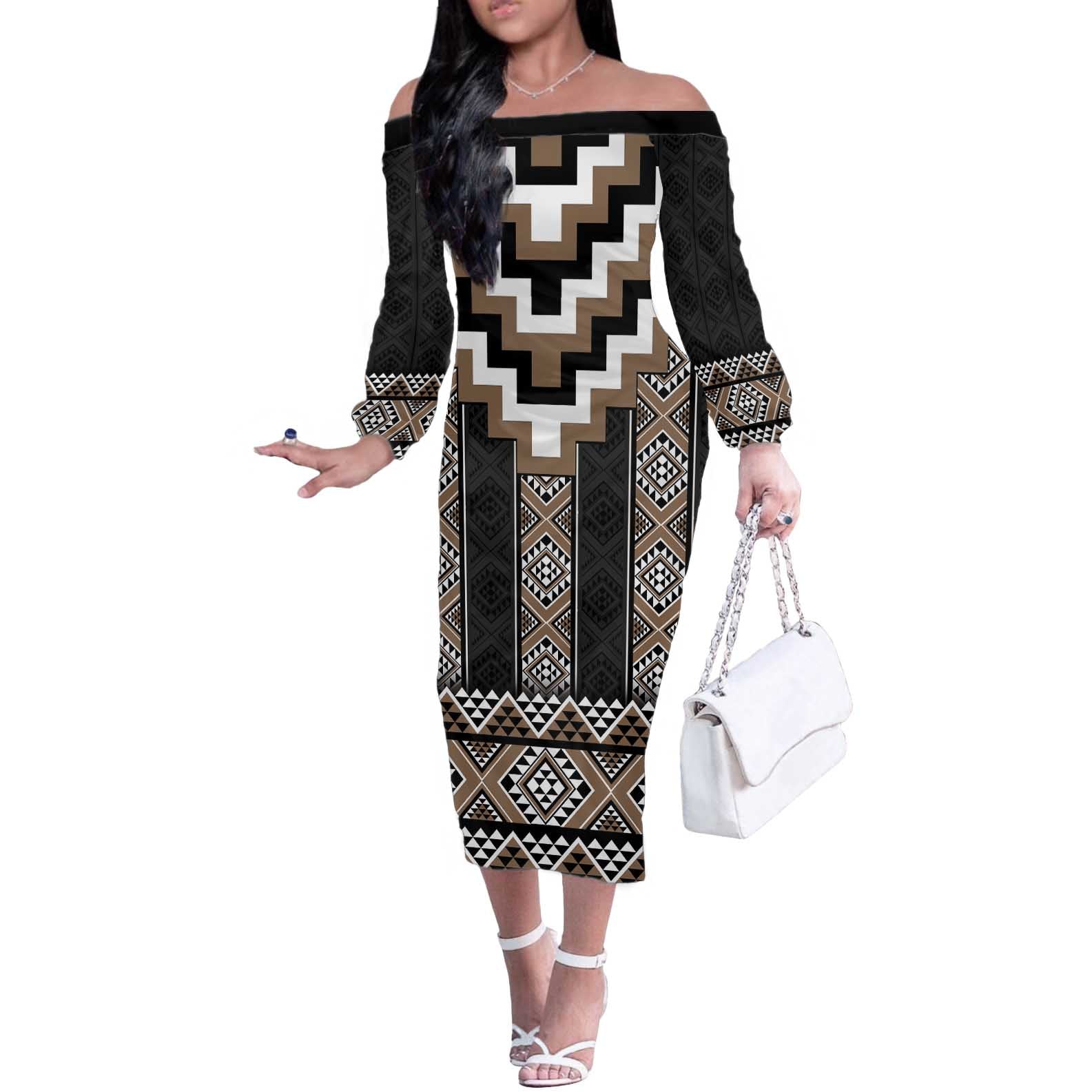 Brown Taniko Aotearoa Off The Shoulder Long Sleeve Dress Niho Taniwha Mix Poutama LT14 Women Brown - Polynesian Pride