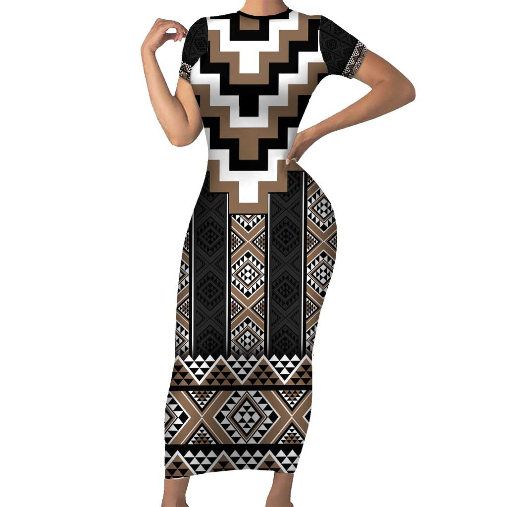 Brown Taniko Aotearoa Short Sleeve Bodycon Dress Niho Taniwha Mix Poutama LT14 Long Dress Brown - Polynesian Pride