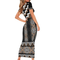 Brown Taniko Aotearoa Short Sleeve Bodycon Dress Niho Taniwha Mix Poutama LT14 - Polynesian Pride