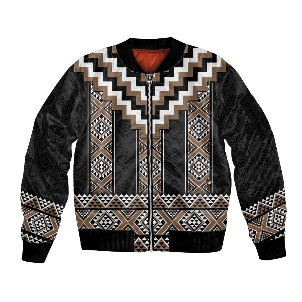 Brown Taniko Aotearoa Sleeve Zip Bomber Jacket Niho Taniwha Mix Poutama LT14 Unisex Brown - Polynesian Pride