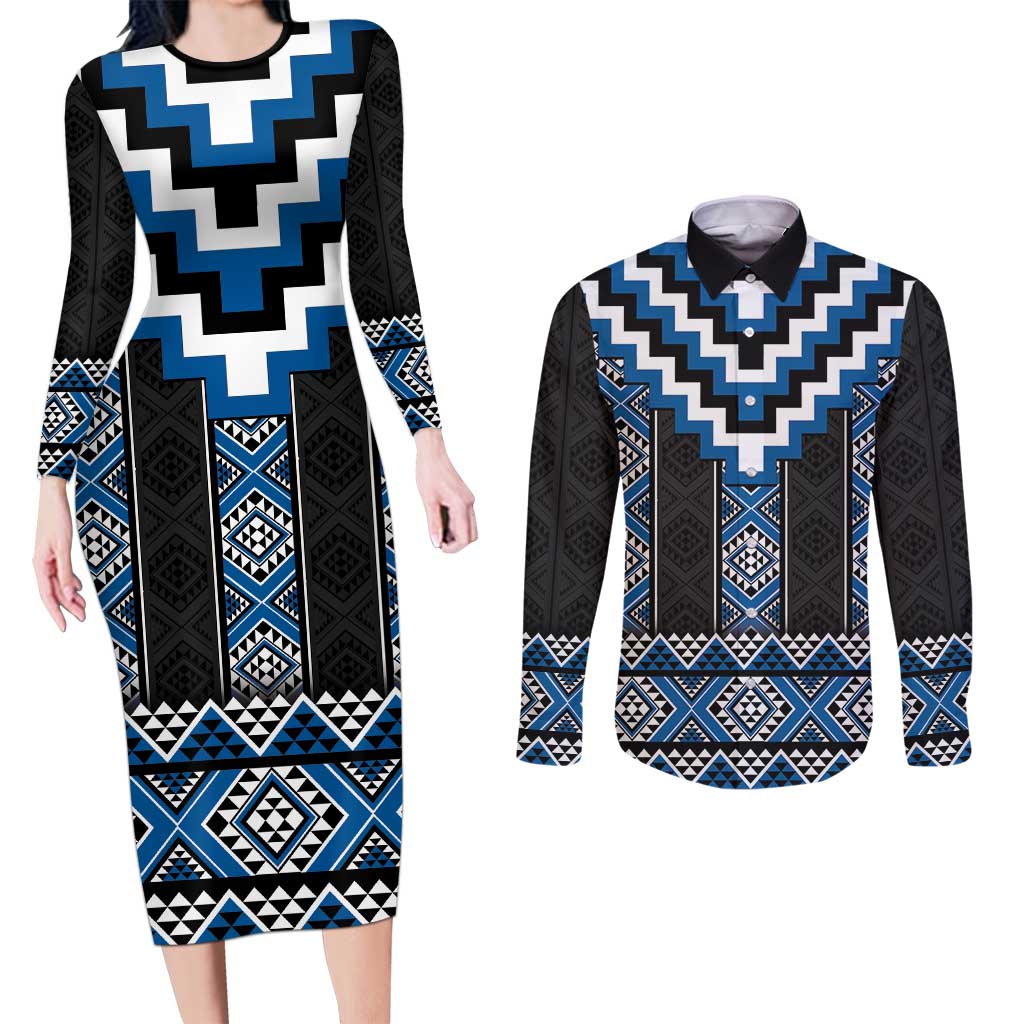 Blue Taniko Aotearoa Couples Matching Long Sleeve Bodycon Dress and Long Sleeve Button Shirt Niho Taniwha Mix Poutama LT14