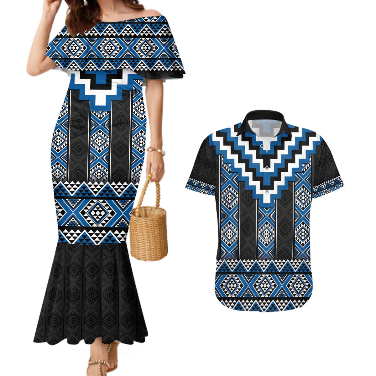 Blue Taniko Aotearoa Couples Matching Mermaid Dress and Hawaiian Shirt Niho Taniwha Mix Poutama LT14 Blue - Polynesian Pride