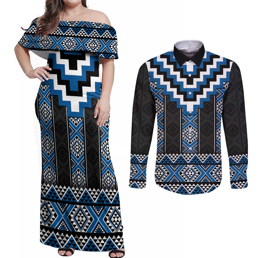 Blue Taniko Aotearoa Couples Matching Off Shoulder Maxi Dress and Long Sleeve Button Shirt Niho Taniwha Mix Poutama LT14