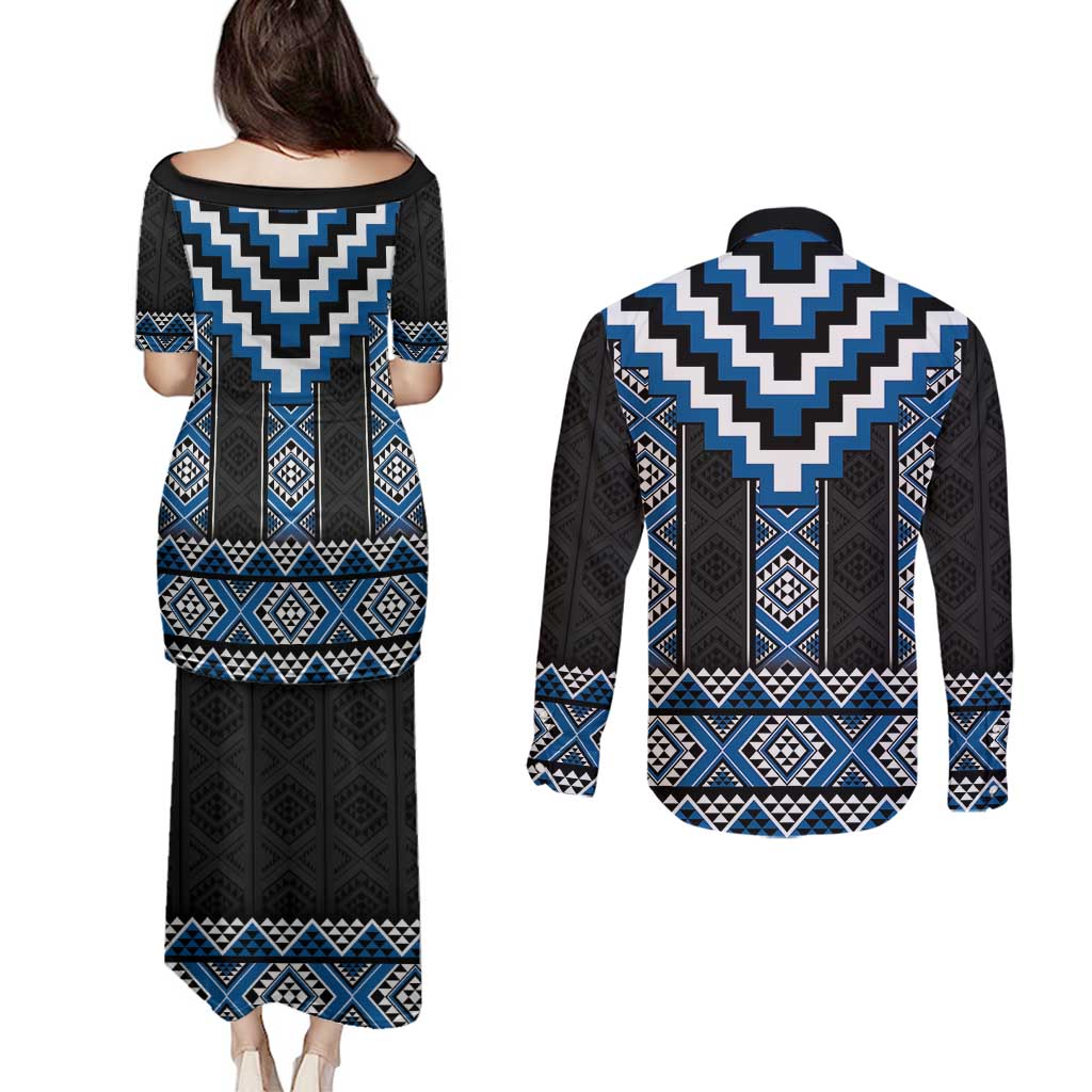 Blue Taniko Aotearoa Couples Matching Puletasi and Long Sleeve Button Shirt Niho Taniwha Mix Poutama LT14