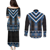 Blue Taniko Aotearoa Couples Matching Puletasi and Long Sleeve Button Shirt Niho Taniwha Mix Poutama LT14