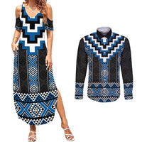 Blue Taniko Aotearoa Couples Matching Summer Maxi Dress and Long Sleeve Button Shirt Niho Taniwha Mix Poutama LT14