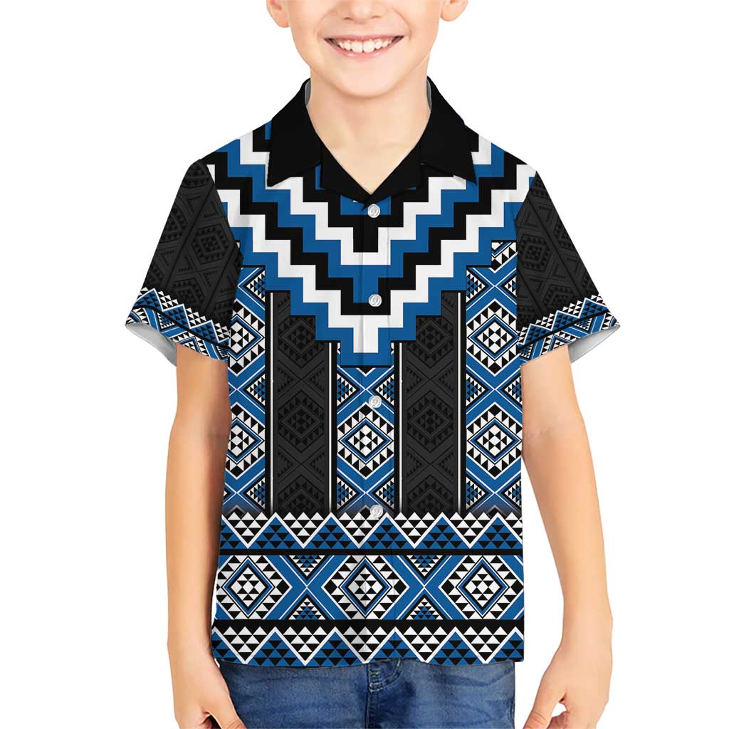 Blue Taniko Aotearoa Kid Hawaiian Shirt Niho Taniwha Mix Poutama LT14 Kid Blue - Polynesian Pride