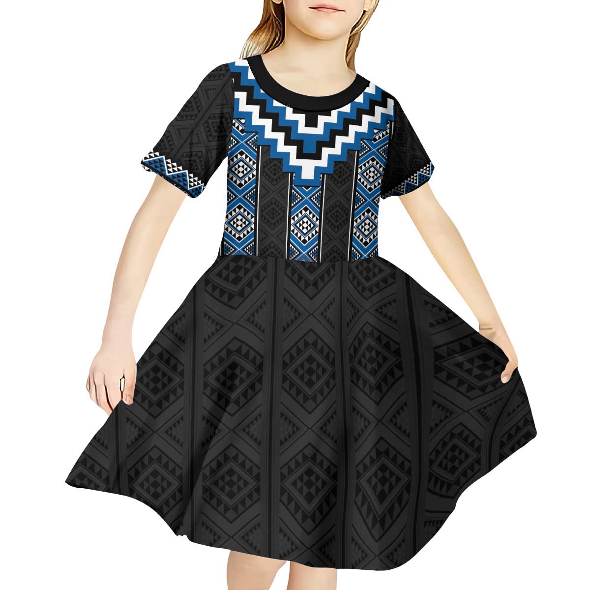 Blue Taniko Aotearoa Kid Short Sleeve Dress Niho Taniwha Mix Poutama LT14