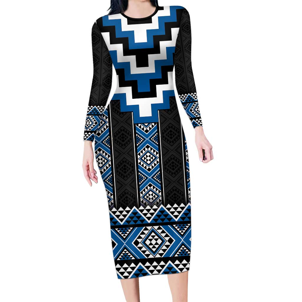 Blue Taniko Aotearoa Long Sleeve Bodycon Dress Niho Taniwha Mix Poutama LT14 Long Dress Blue - Polynesian Pride