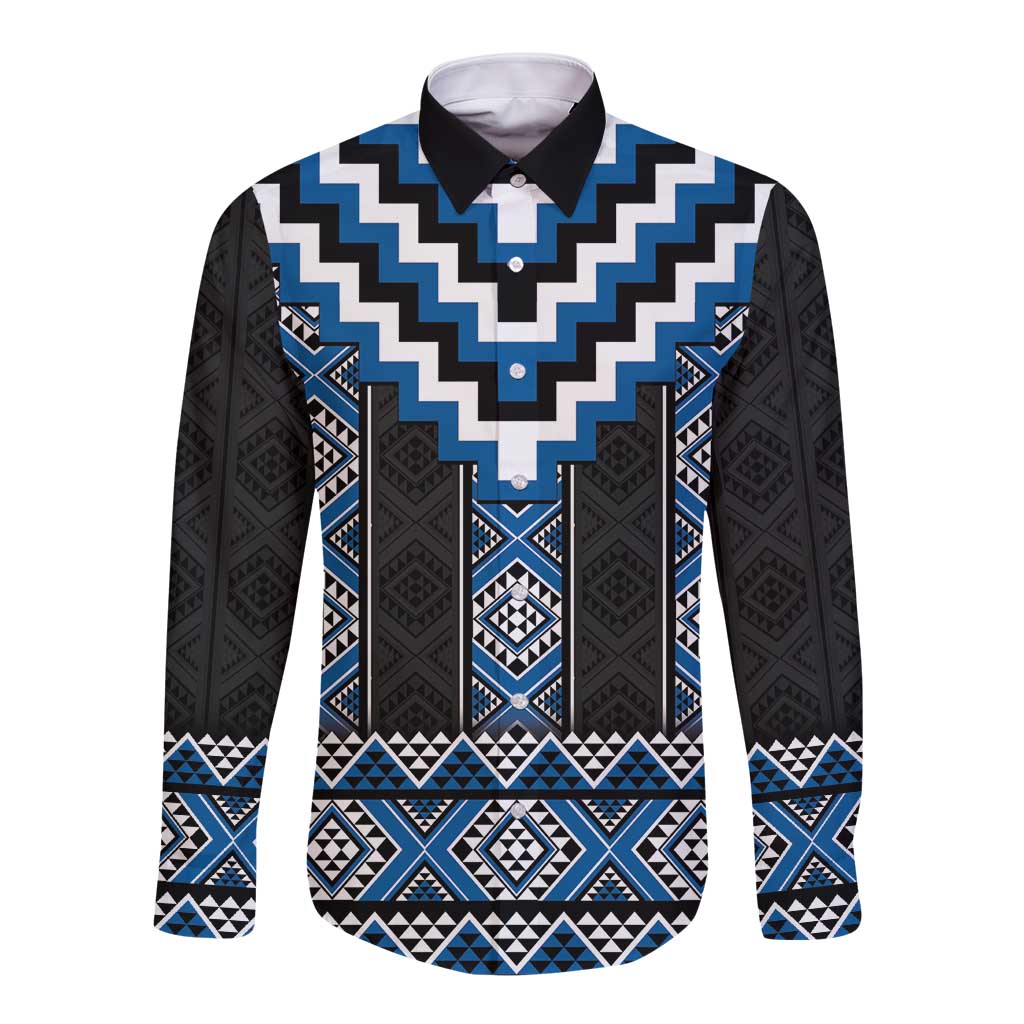 Blue Taniko Aotearoa Long Sleeve Button Shirt Niho Taniwha Mix Poutama LT14