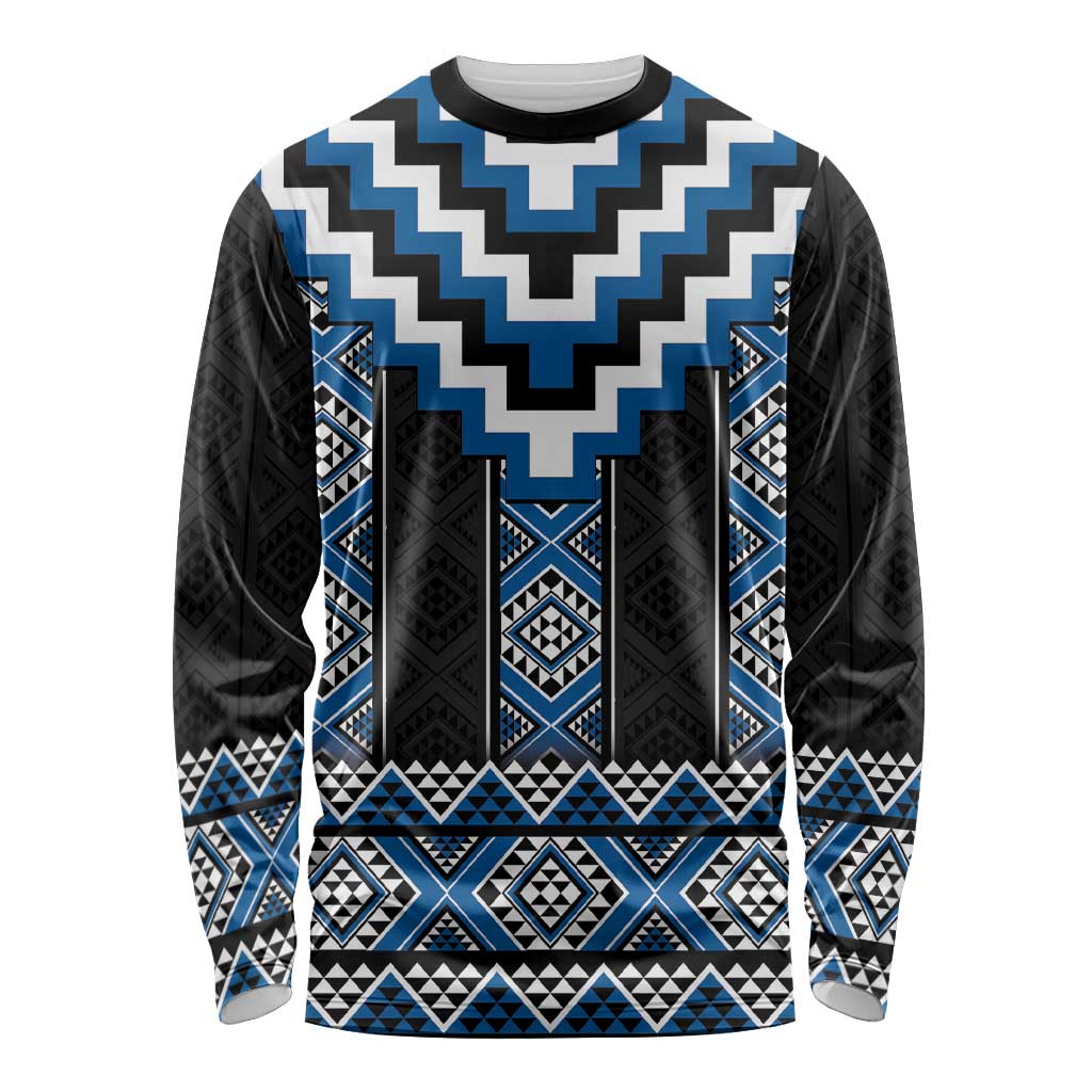 Blue Taniko Aotearoa Long Sleeve Shirt Niho Taniwha Mix Poutama LT14 Unisex Blue - Polynesian Pride