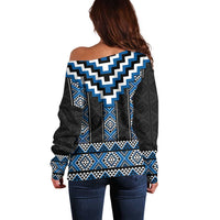 Blue Taniko Aotearoa Off Shoulder Sweater Niho Taniwha Mix Poutama LT14